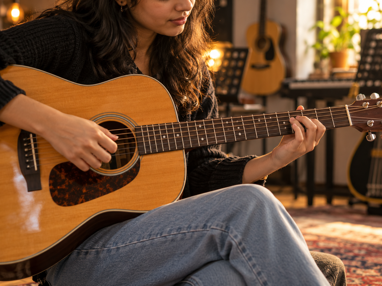 Student playing an acoustic guitar