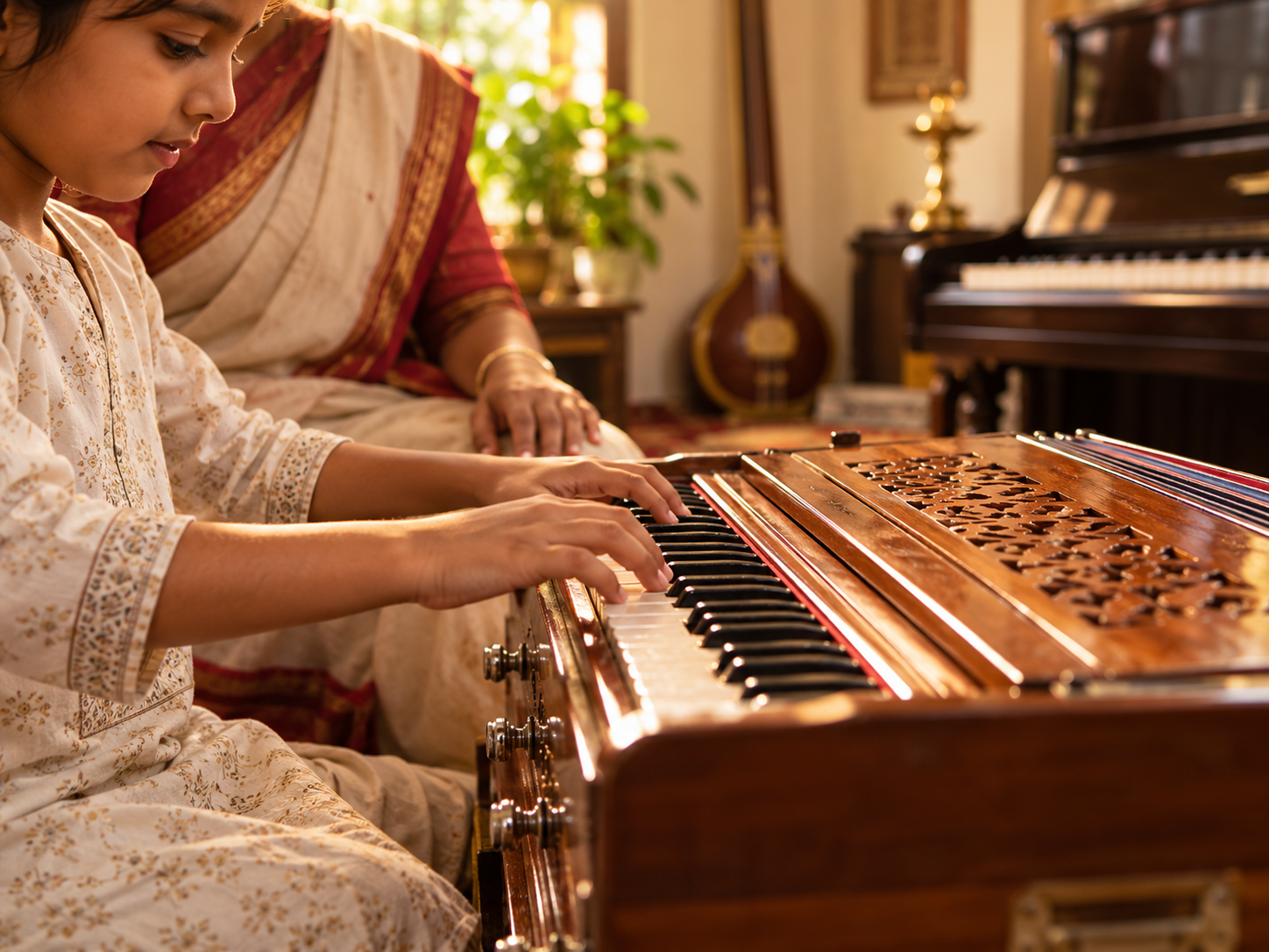 Hands playing a keyboard during a music lesson