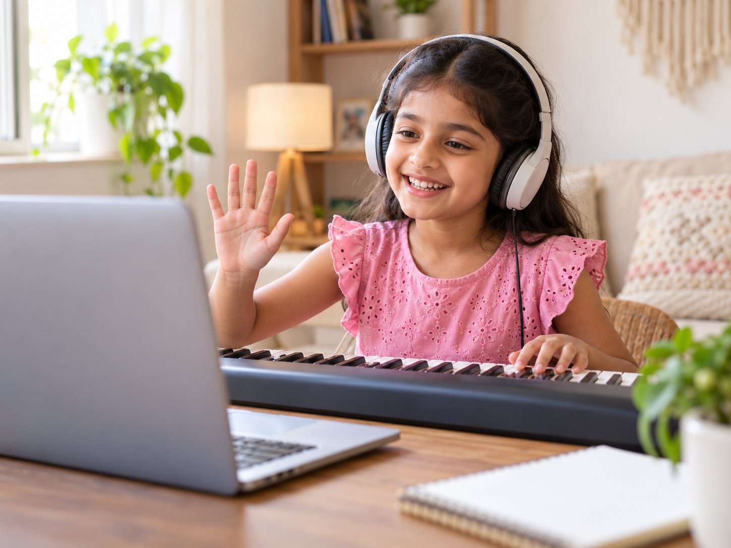 Student attending an online music class at home